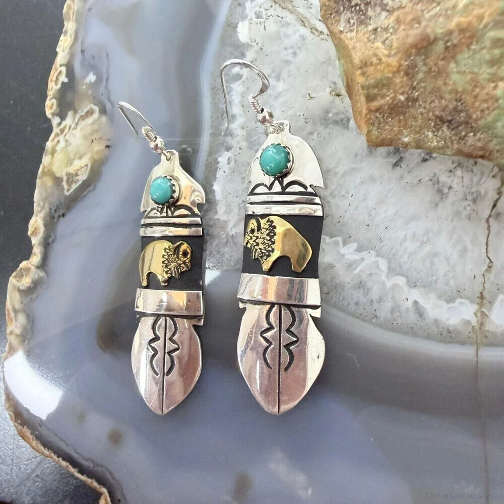 Tommy & Rosita Singer Sterling Silver & GF Bison w/Turquoise Dot Dangle Earrings
